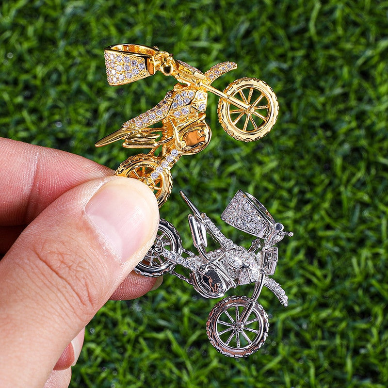 Hip Hop AAA Micro Pave Biker Boy Motorcycle 14k Gold 925 Silver Iced Bling Pendant Chain Necklace