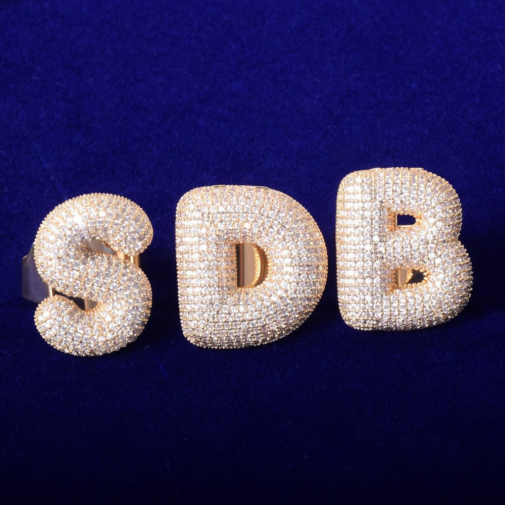 18k Gold .925 Silver Rose Gold Bubble Letter AAA Flooded Ice Hip Hop Rings