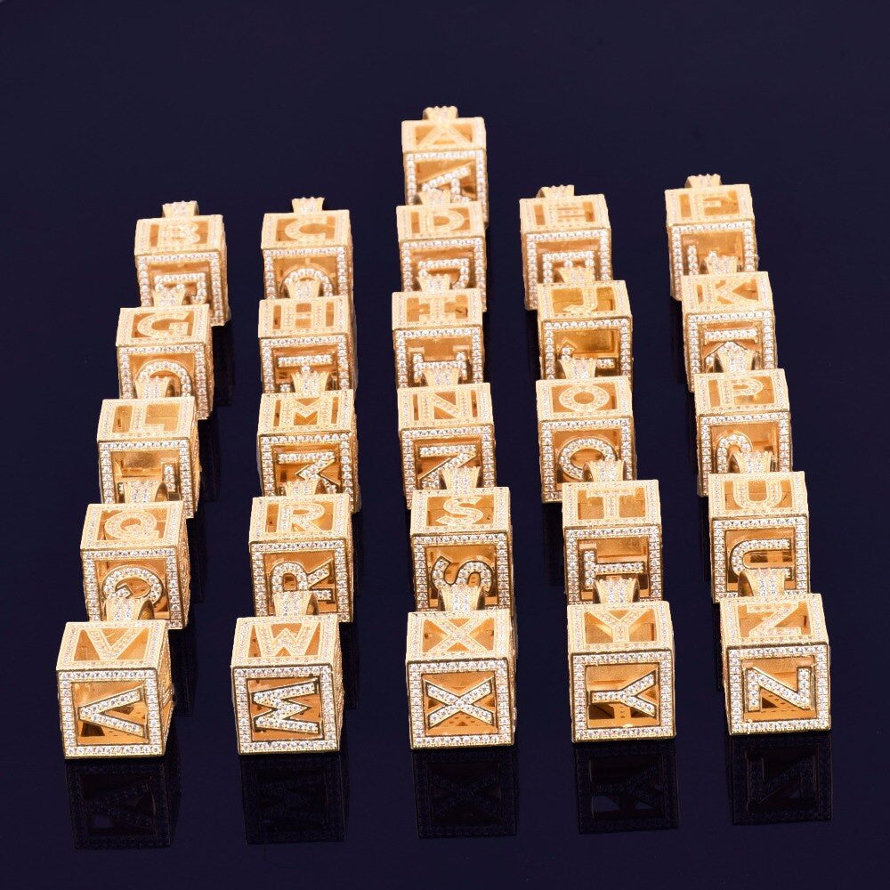 Baby Block | Gold Silver Square VVS Diamond CZ Initial Letter Hip Hop Pendant