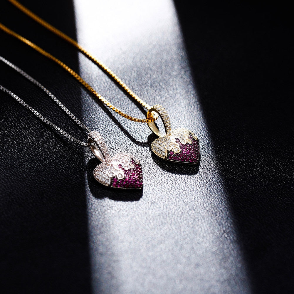 Ladies Solid 925 Sterling Silver Flaming Love Heart AAA Stone Pendant Chain Necklace