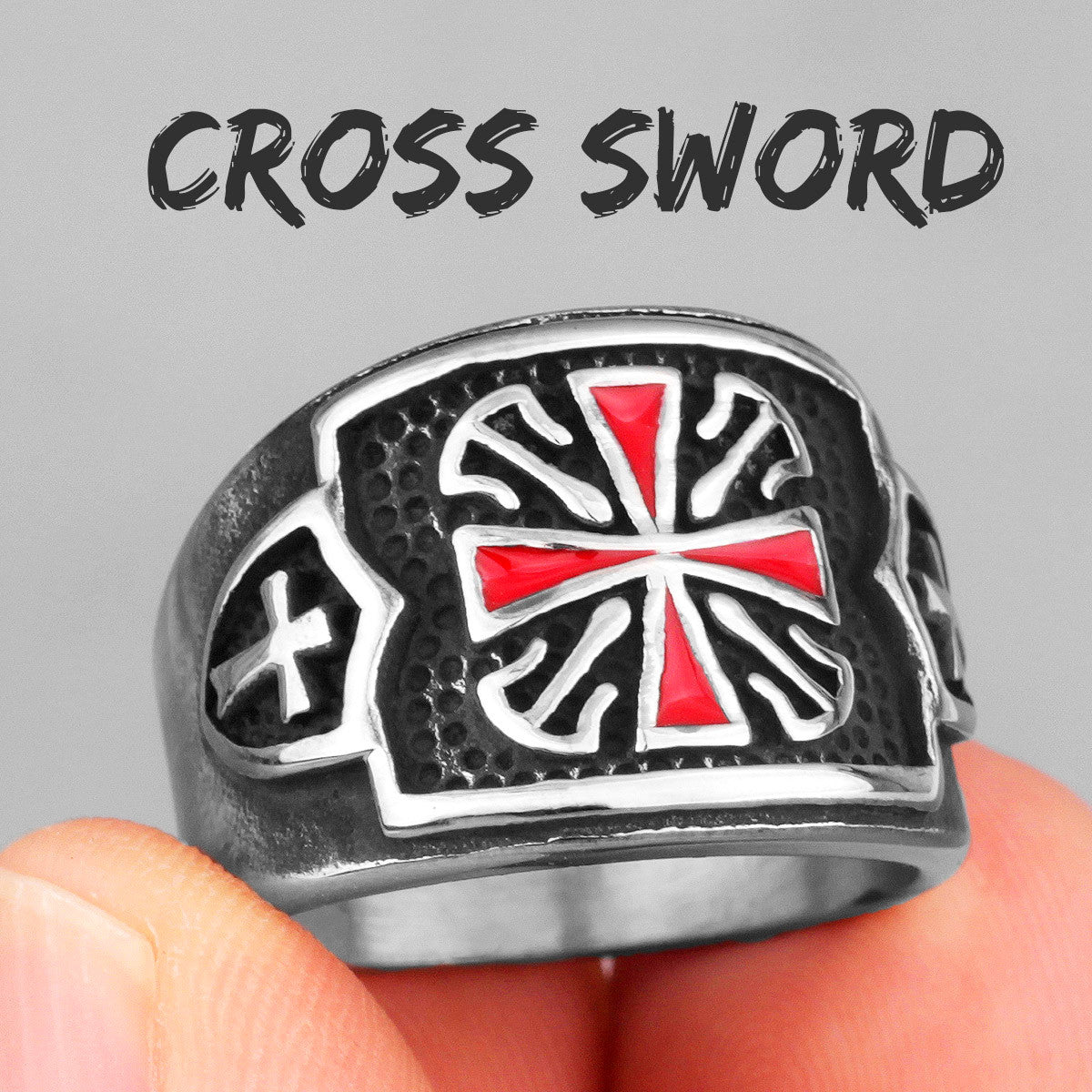 Knights Templar Red Crusaders Cross Shield No Fade Stainless Steel Mens Rings