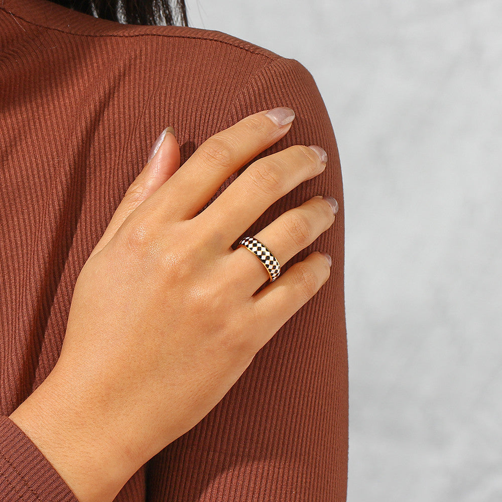 18k Gold Over Stainless Steel Fine Polished Black White Enamel Checker Tarnish Free Ring