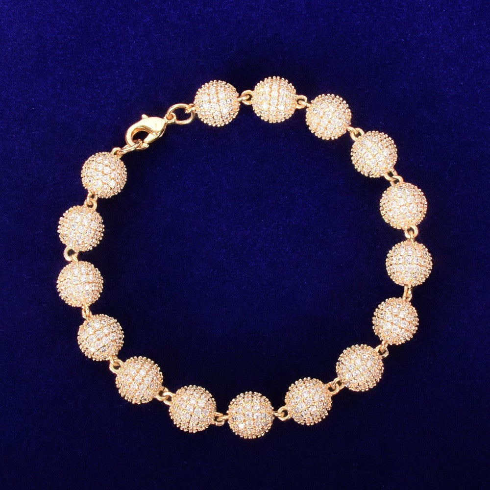 24k Gold .925 Silver 10mm Flooded Ice AAA Micro Pave Ball Round Bead Hip Hop Bracelet