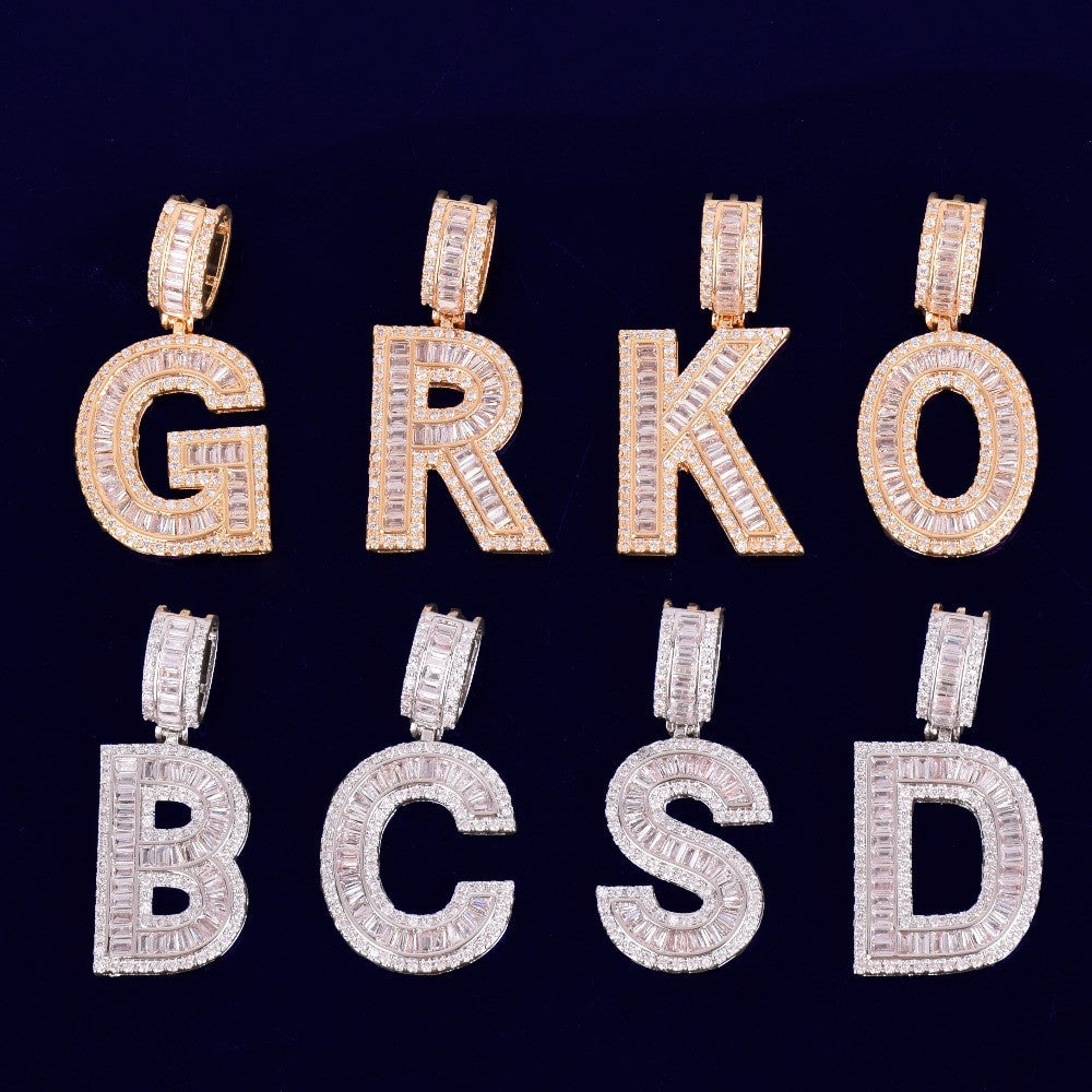 18k Gold Silver Rose Gold Baguette Initials Pave Stone Diamond Simulate Letters Pendants