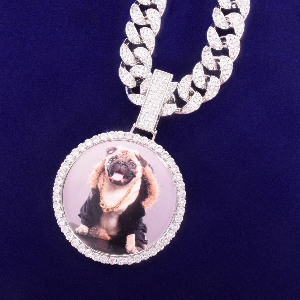 2021 Flooded Ice Big Button Photo Picture Photo Medallion Hip Hop Pendant Chain Necklace