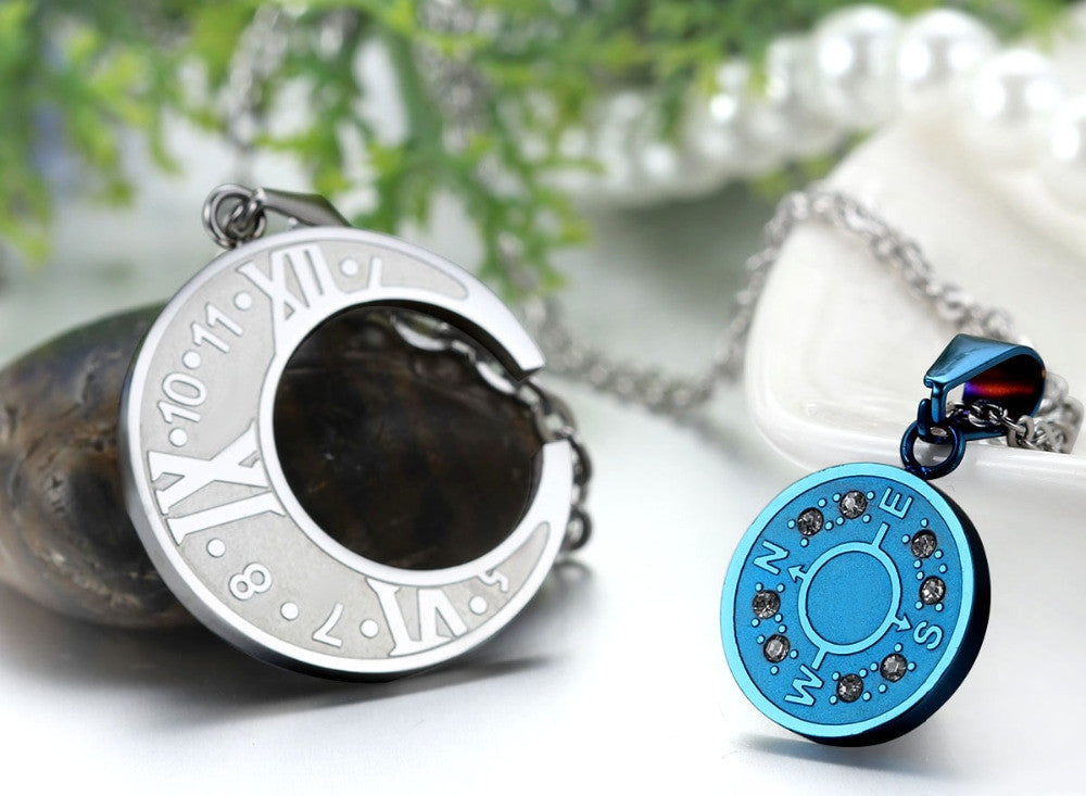 Couples Lovers No Fade Stainless Steel Eternal Love Compass Bling Bling Pendant Chain Necklace