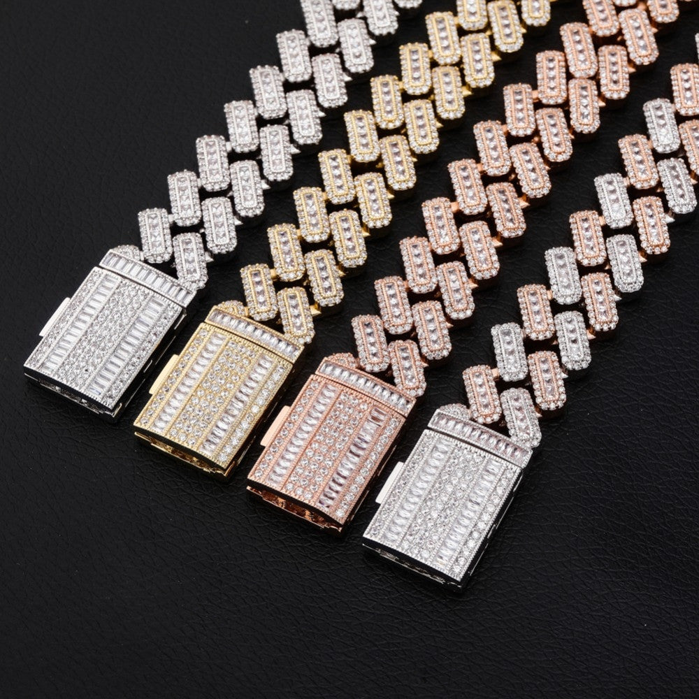 20mm Miami Cuban Link Baguette Pave Prong Set Box Clasp Hip Hop Chain Necklace