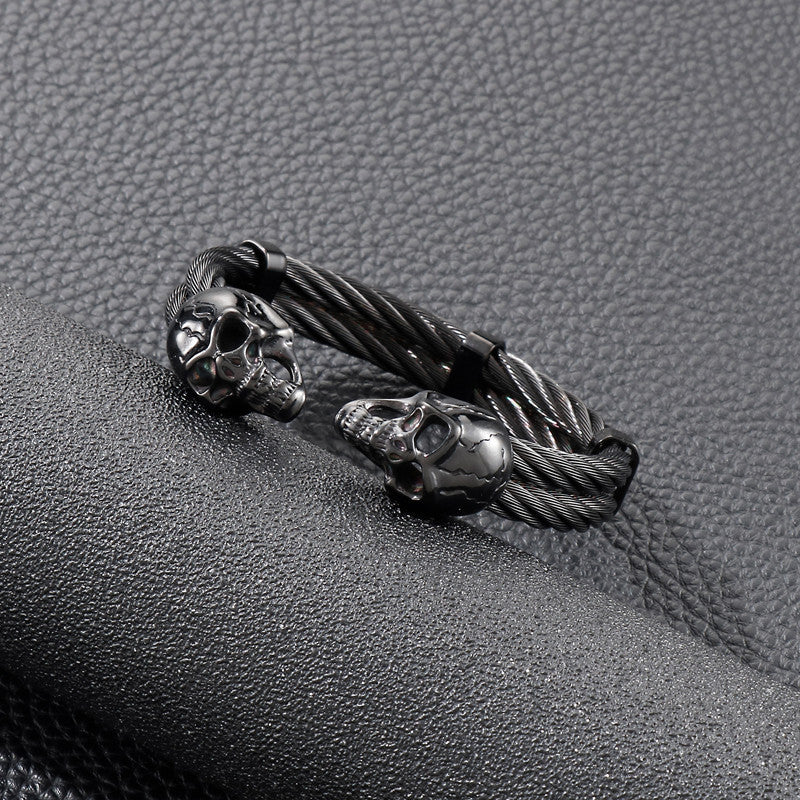 SkullFlex | Mens Double Layer Skull Cable Bangle Stainless Steel Bracelet