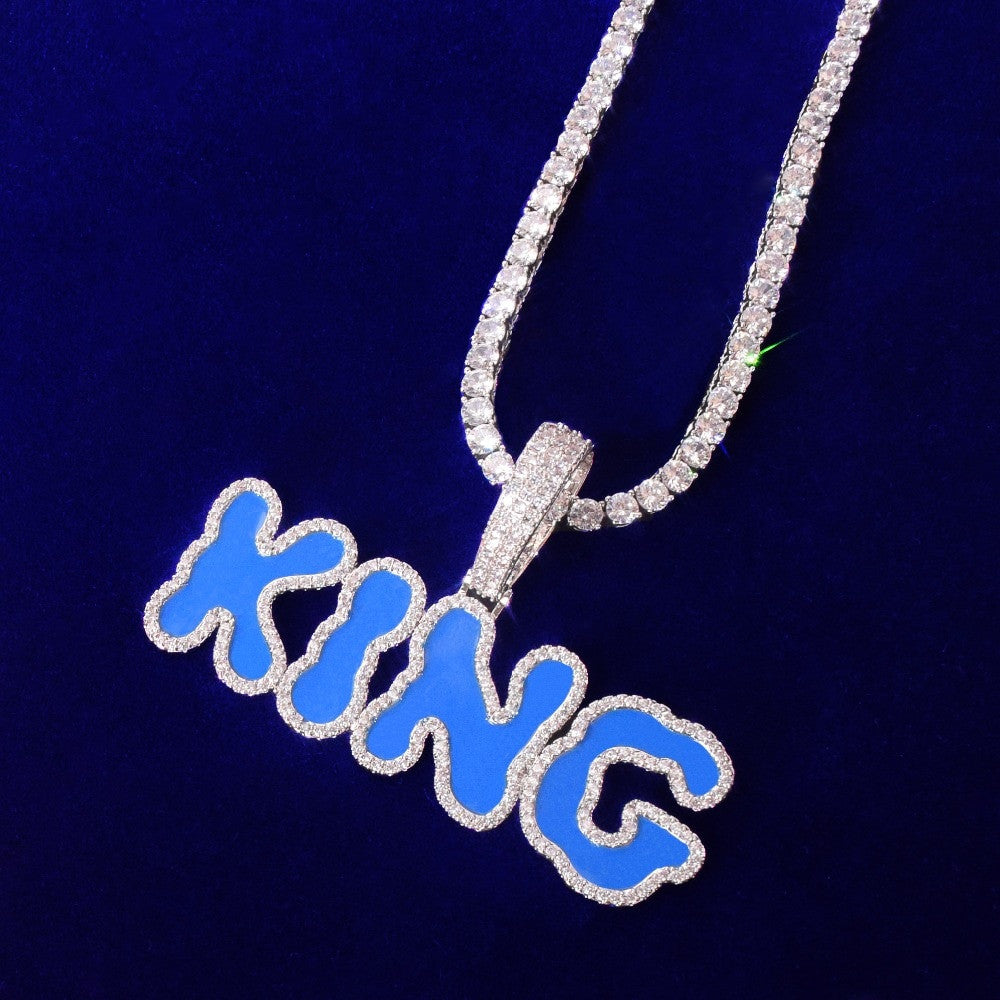 AAA True Micro Pave 18k Gold .925 Silver Carolina Blue Oil Letters Custom Pendant Chain Necklace