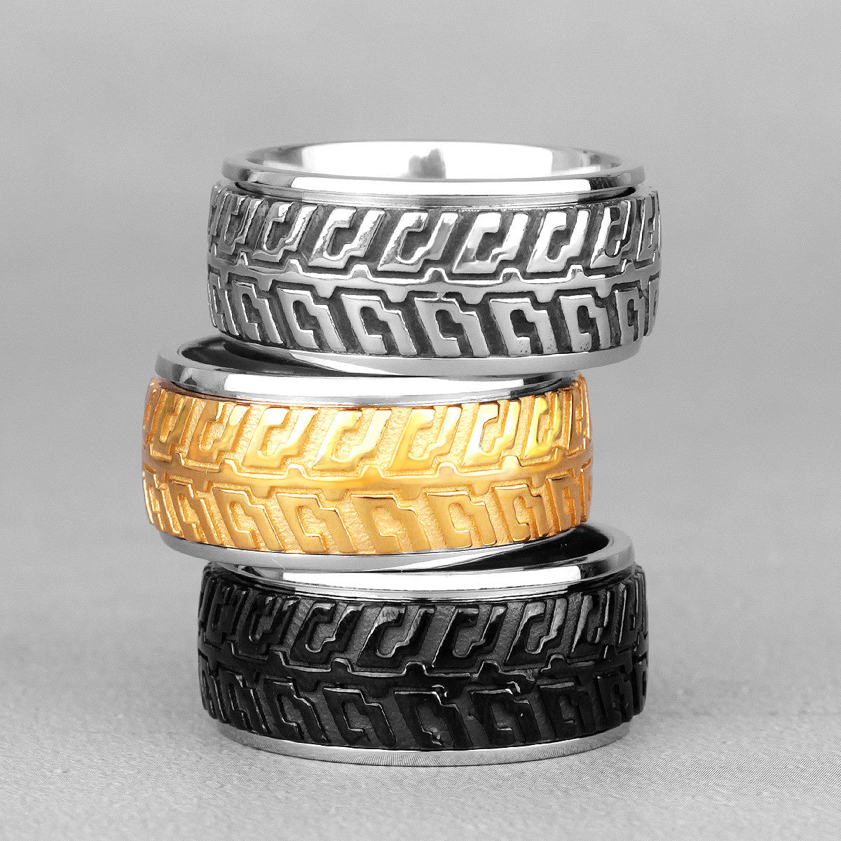 Mens Rotatable Car Tire Tread Black Gold Silver No Fade Stainless Steel Street Wear Rings