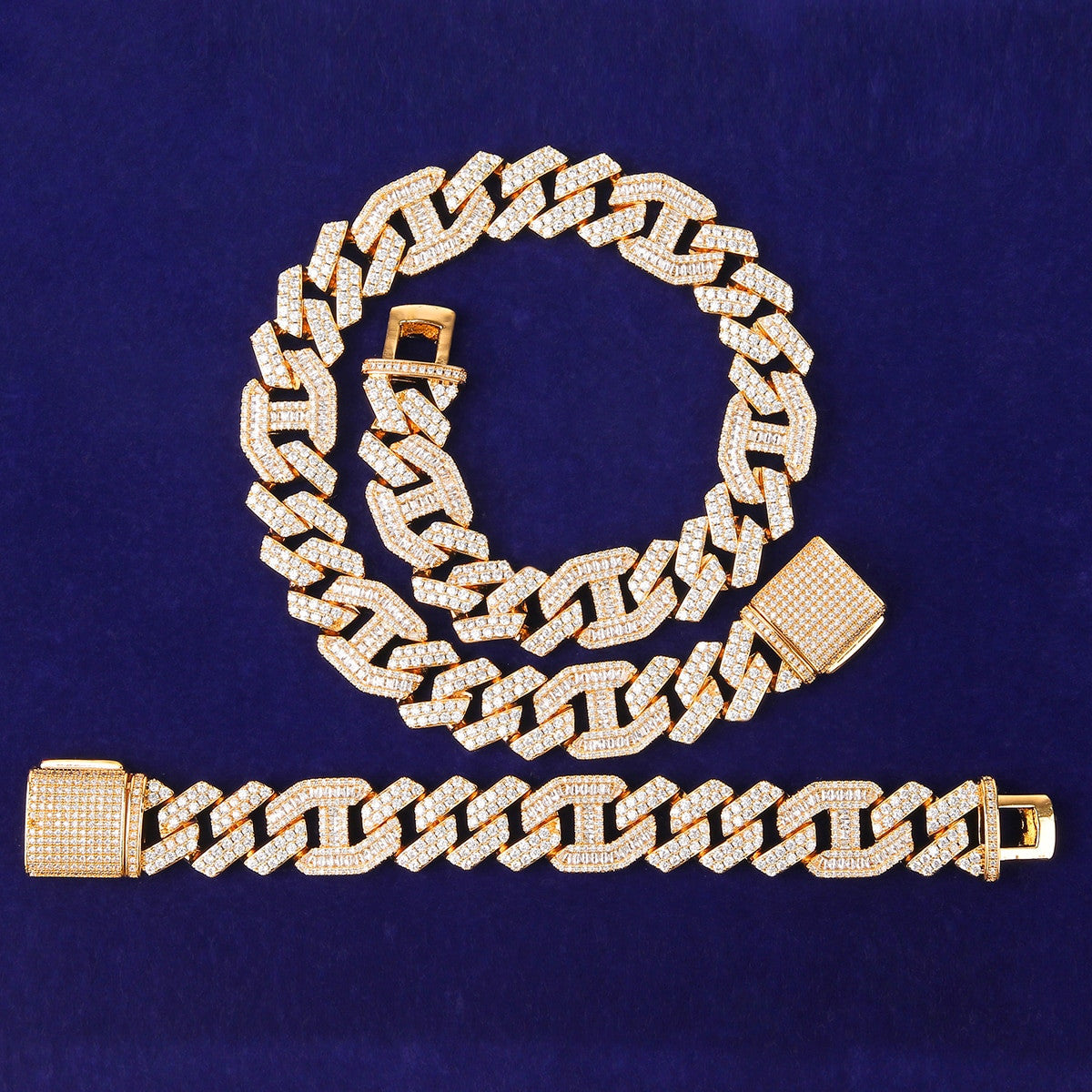 18mm White Yellow Gold Designer Cut Cuban Link Chains Bracelet Jewelry Set Combo