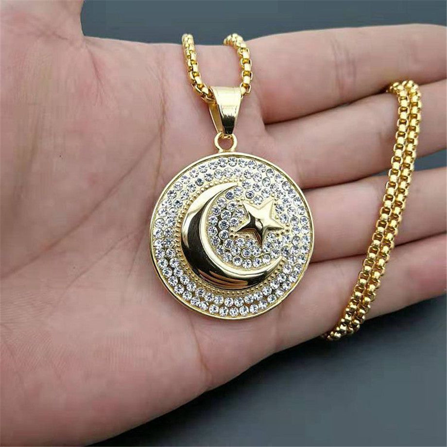 Eternal Crescent | Allah Diamond CZ Moon Star Hip Hop No Fade Stainless Steel Pendant