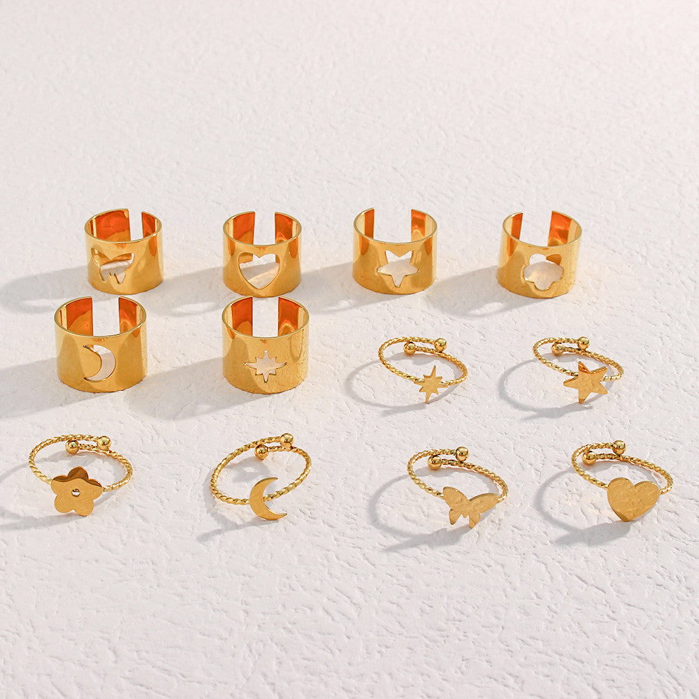 18k Gold Waterproof Stainless Steel Fine Polished Moon Star Heart Flower Adjustable Rings