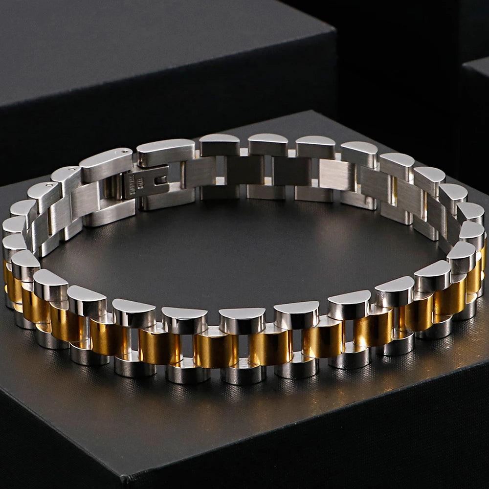 Men's 10mm Waterproof 18k Gold Silver Stainless Steel Watch Band Bracelet Ring Combo Set