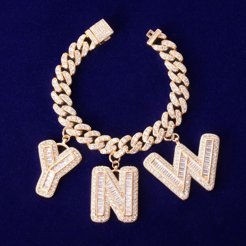 10mm Flooded Ice Baguette Letter 18k Silver Rose Gold Custom Cuban Chain Bracelet