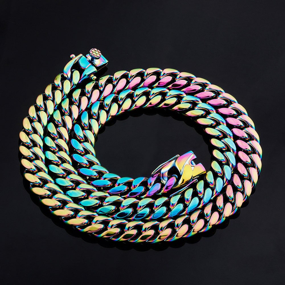 10mm Stainless Steel Fashion Rainbow Color Cuban Link Hip Hop Chain Necklace