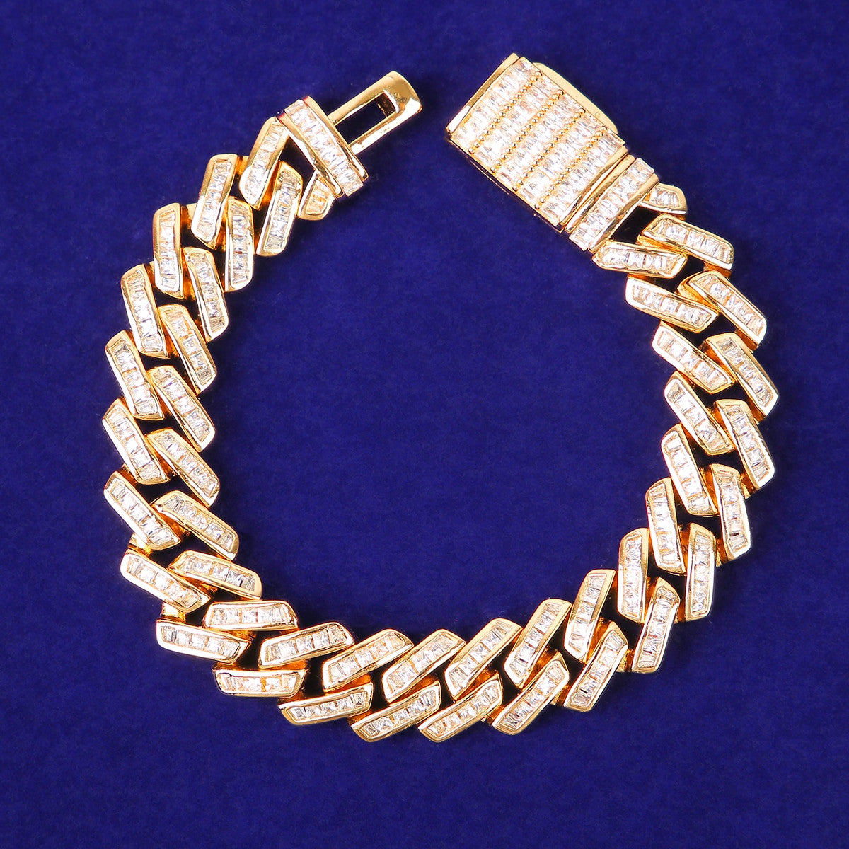 Hip Hop 24k Yellow 14k White Gold 11MM Baguette Chain Bracelet Jewelry Set