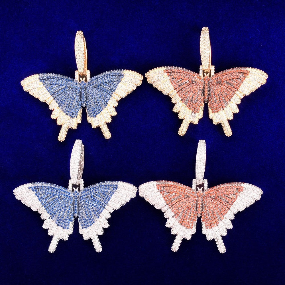 Double Stone 18k Gold 925 Silver AAA Micro Pave Butterfly Hip Hop Pendant Chain Necklace