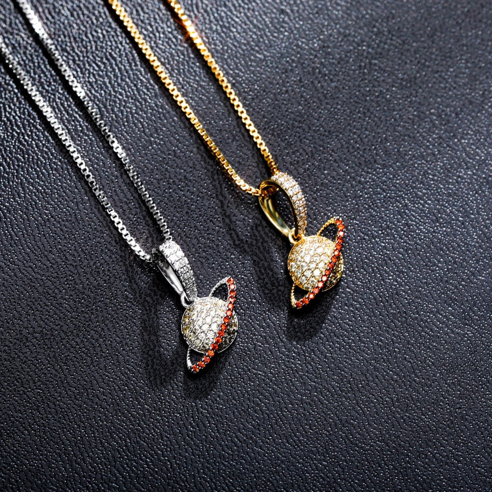 Ladies Love Orbit Solid 925 Sterling Silver Planet AAA Micro Pave Pendant Necklace