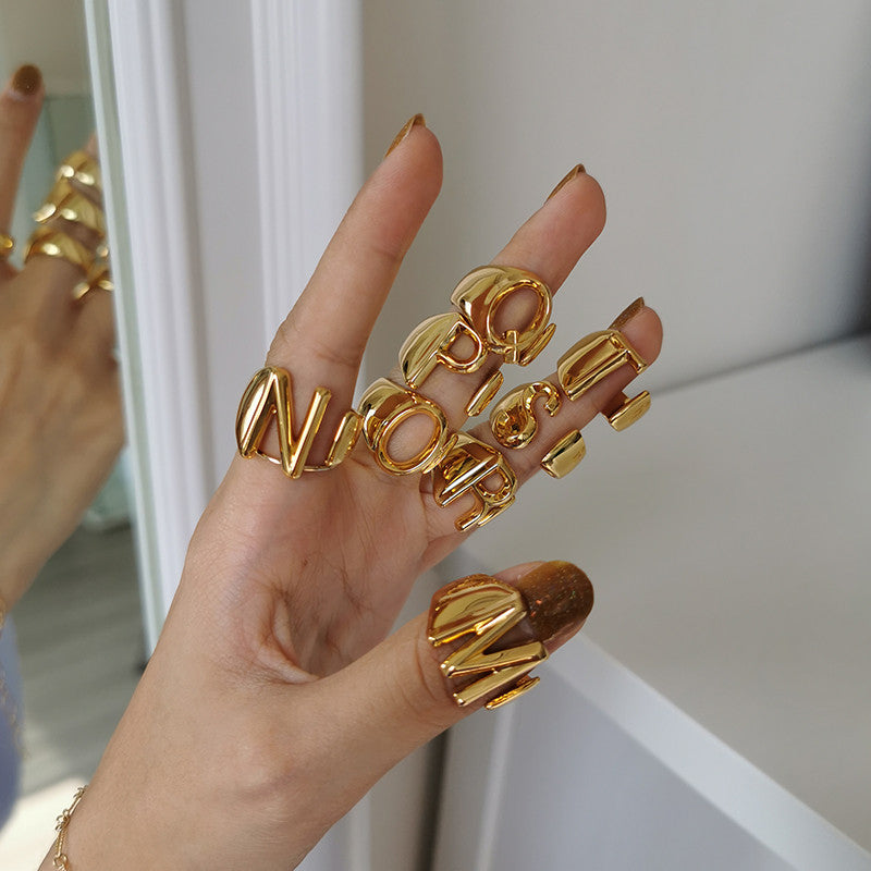 Ladies 18k Gold Initial Letter Adjustable Open Size personality Rings