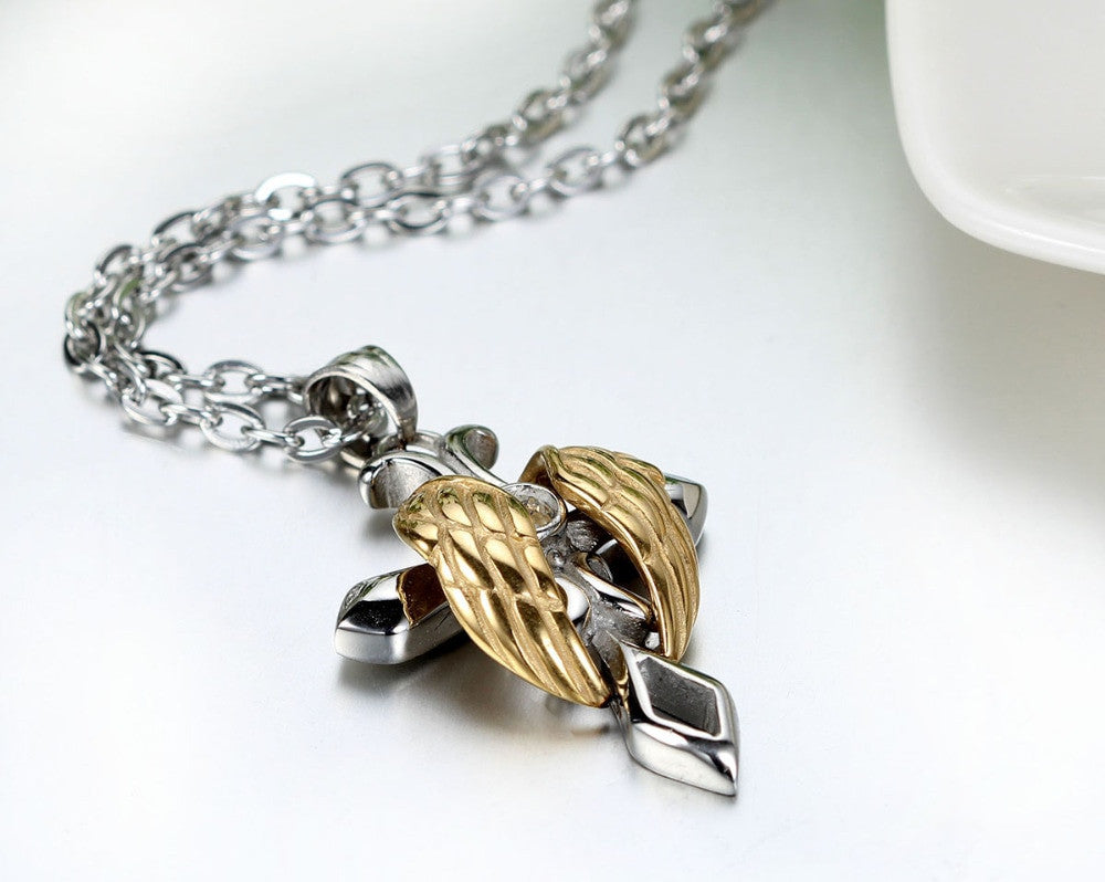No Tarnish Stainless Steel Vintage Look Classic Angel Wings Cross Pendant Chain Necklace