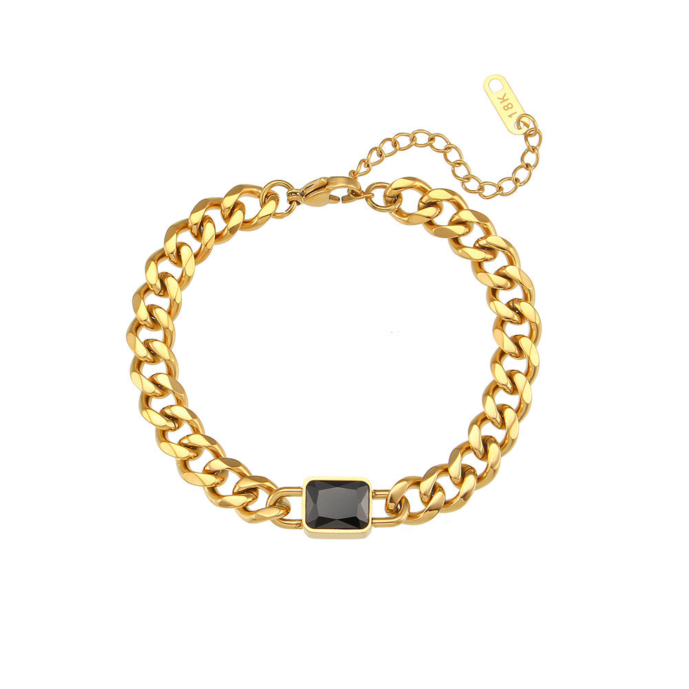 18k Gold Square Cubic Zirconia Black White Green Red Stone Hip Hop Cuban Chain Bracelet