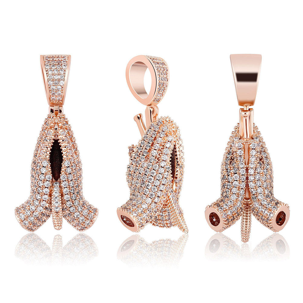 Hip Hop Praying Hand Rugged Cross Prong Set 14k Gold 925 Silver Pendant