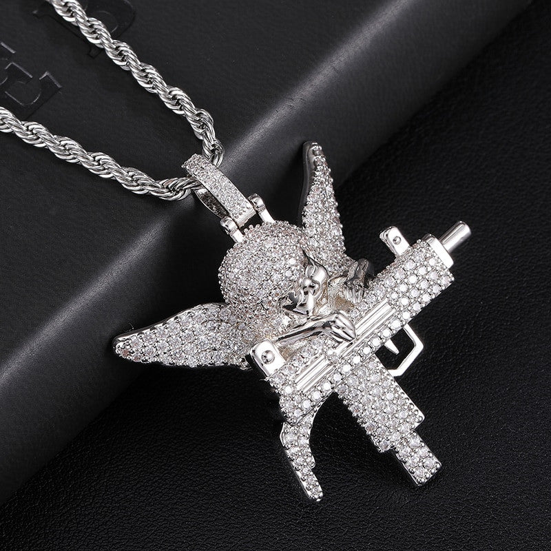 Flooded Ice Uzi Machine Hip Hop Guardian Angel Bling Pendant Chain Necklace