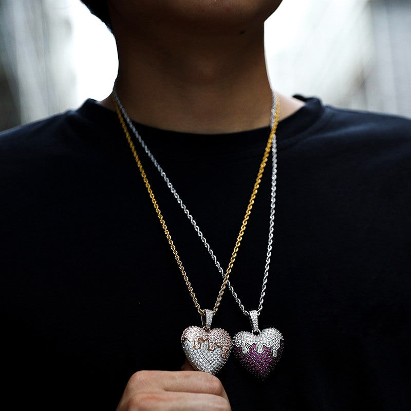 Flooded Ice Covered Heart Solid Back Hip Hop Pendant Chain Necklace