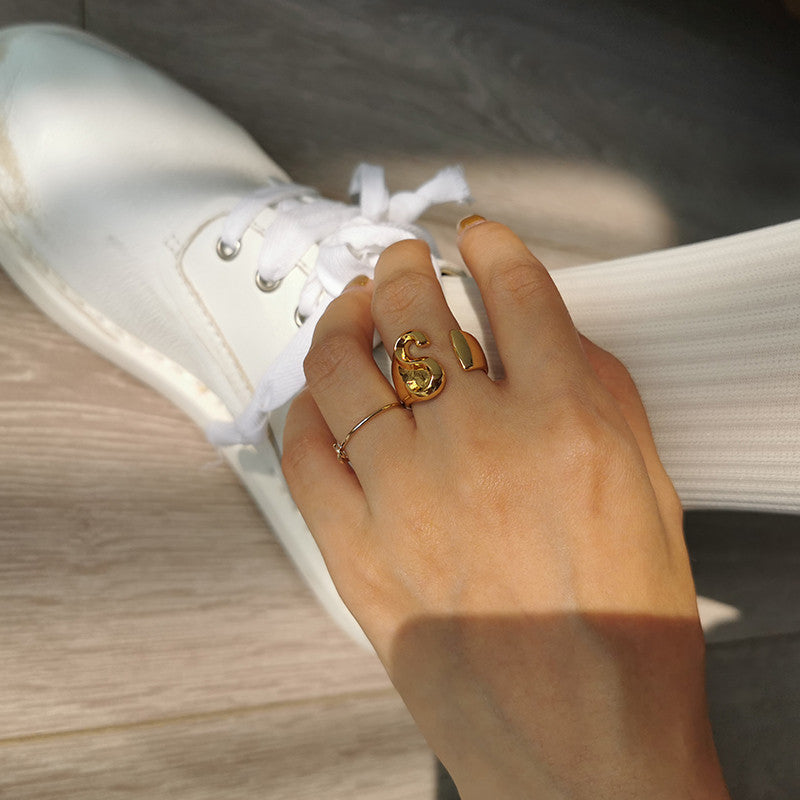 Ladies 18k Gold Initial Letter Adjustable Open Size personality Rings