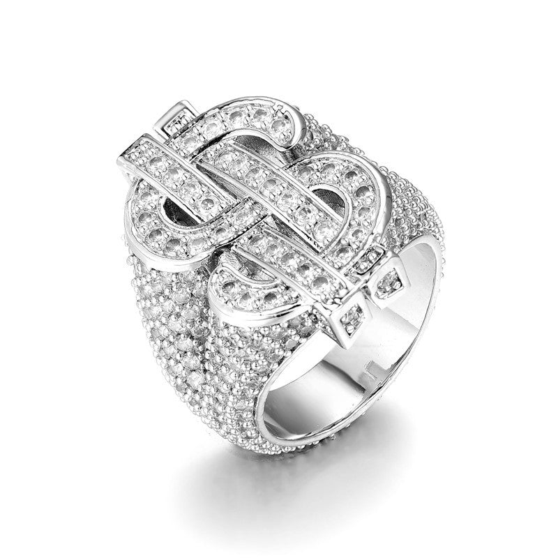 14k Yellow White Gold Flooded Ice Cash Money Dollar Sign Hip Hop AAA Bling Rings
