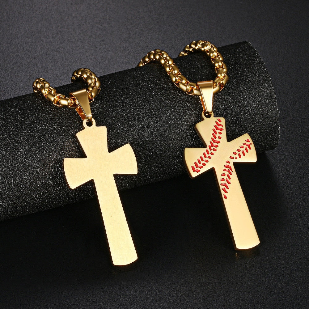 High Quality No Fade God And Baseball Stainless Steel Cross Pendant Chain Necklace