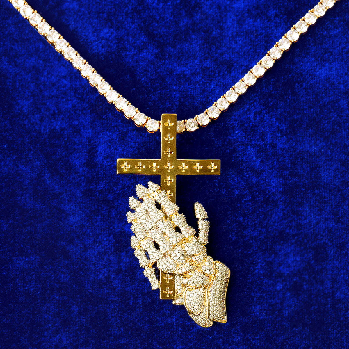 The Faithful | VVS Diamnd CZ Prayer Hands Holding Cross Iced Blinged Out Pendant
