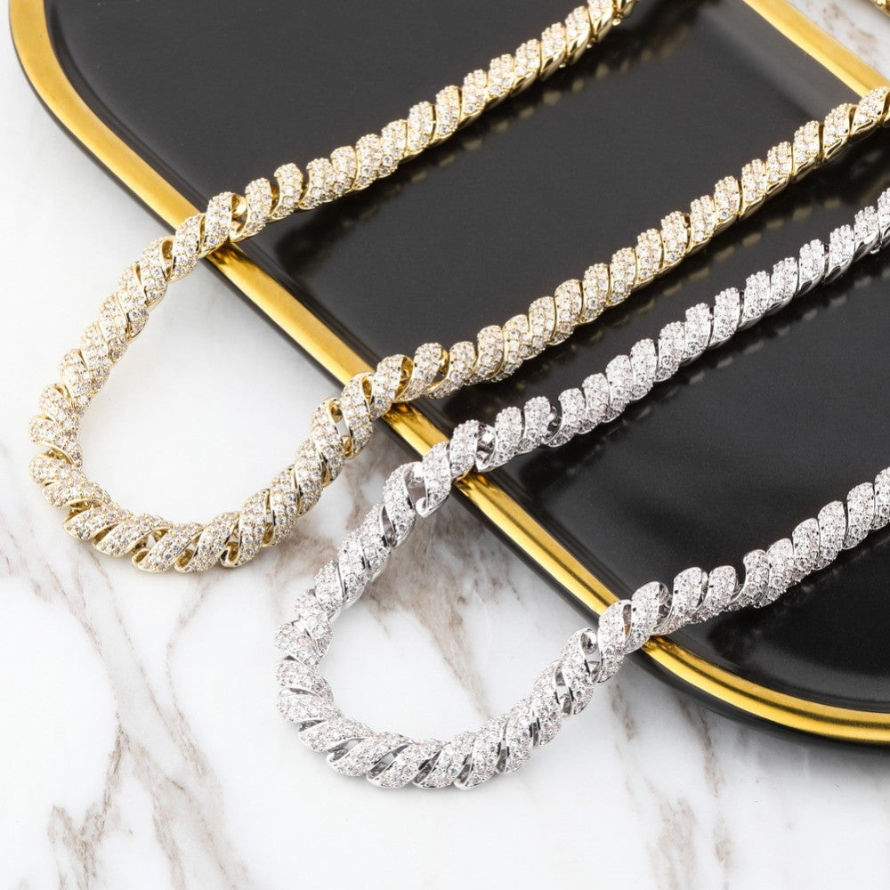 18k 10mm Flooded Ice Hip Hop AAA+ Twisted Bling Luxury Fashion Chain Necklace