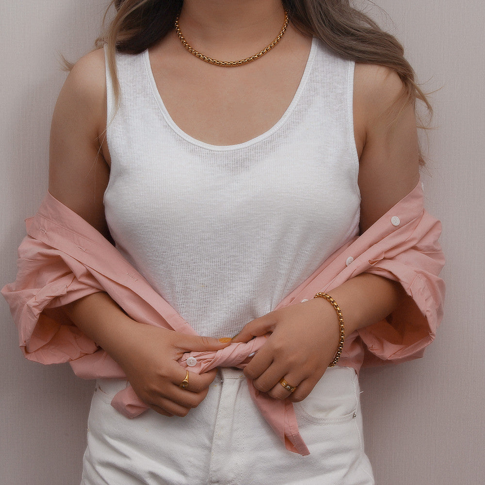 Stainless Steel 18K Gold Chunky Waterproof Snake Chain Necklace Bracelet Jewelry Set