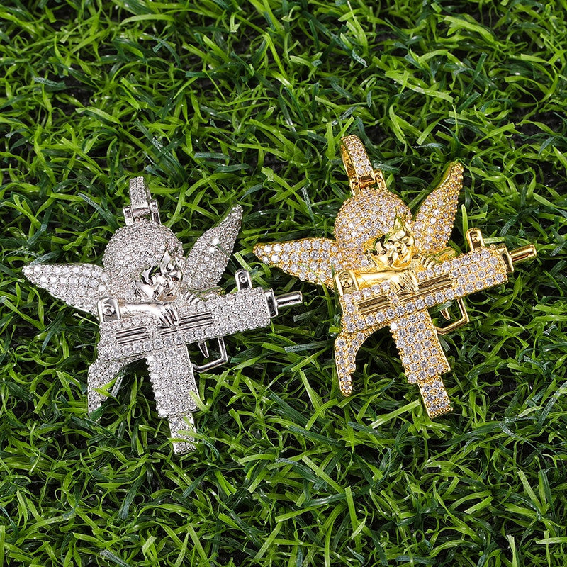 Flooded Ice Uzi Machine Hip Hop Guardian Angel Bling Pendant Chain Necklace