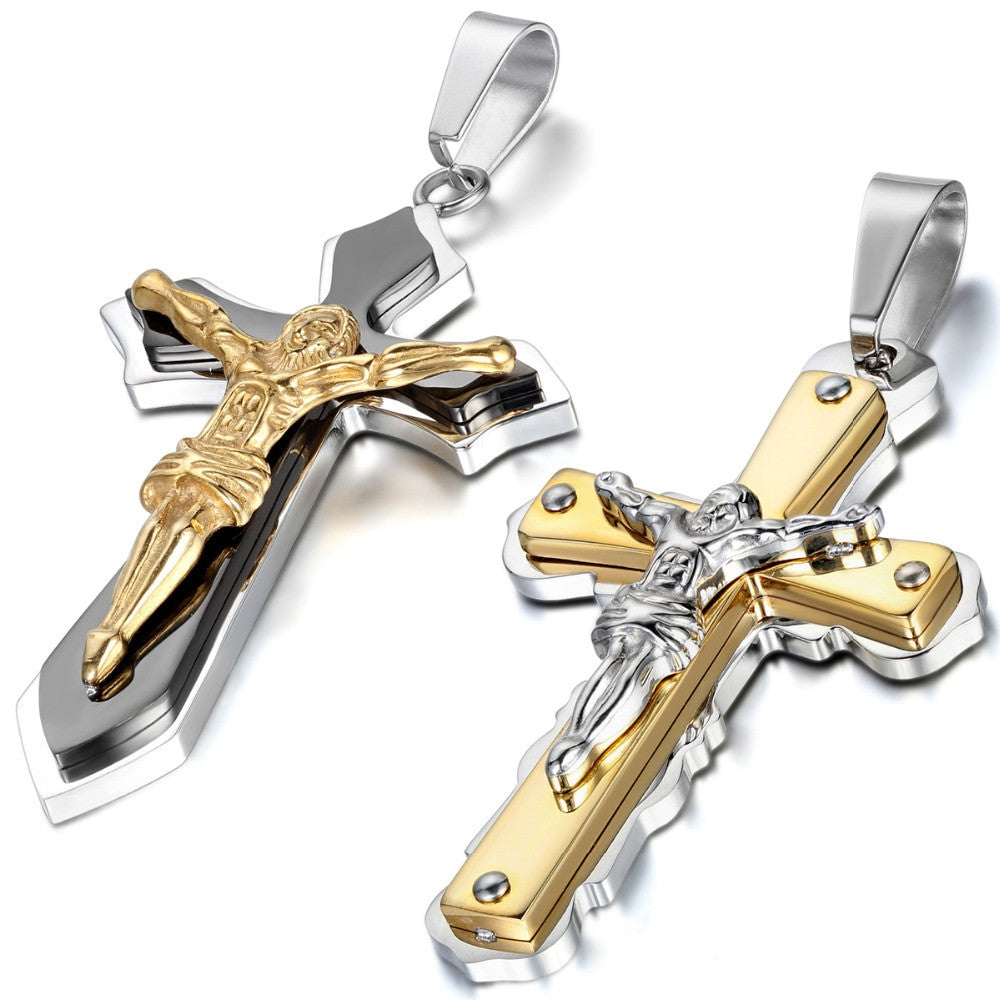Mens Vintage Jesus Crucifix No Fade Stainless Steel Bling Pendant Chain Necklace