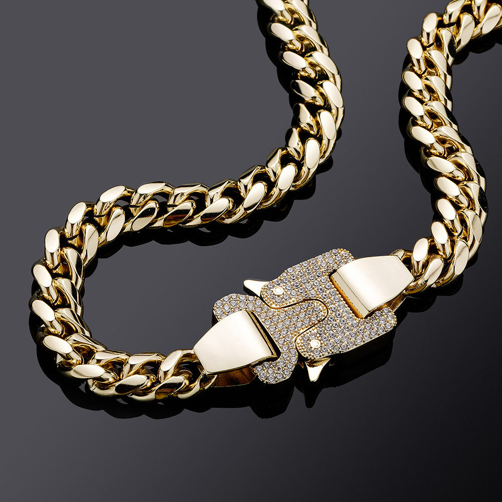 Mens 12mm Iced Spring Clasp 14k Gold Cuban Link Chains