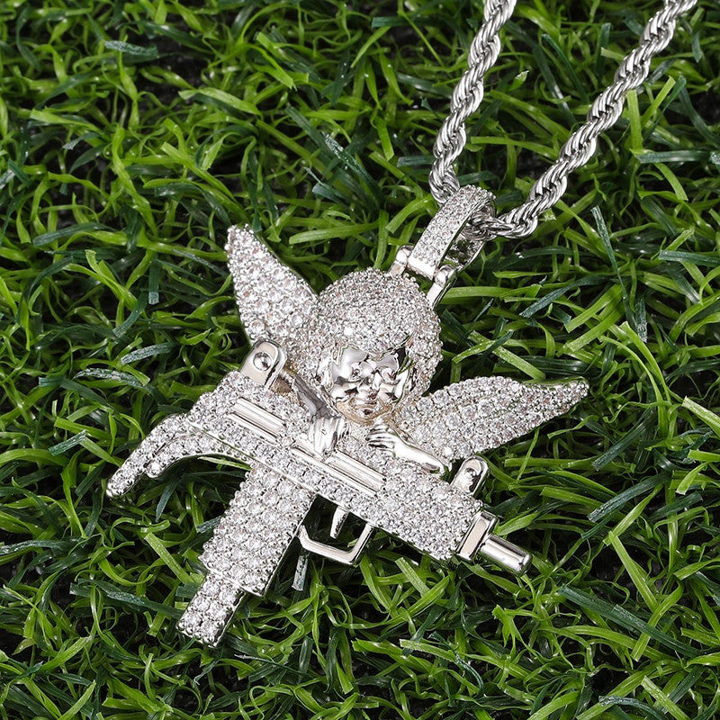 Flooded Ice Uzi Machine Hip Hop Guardian Angel Bling Pendant Chain Necklace