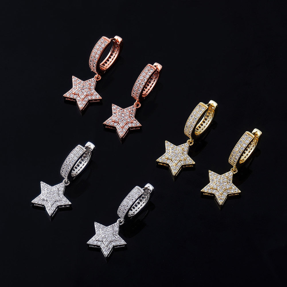 Retro Huggie Star | Hip Hop 5 Point Huggie 18k Gold Rose Gold 925 Silver Bling Earrings