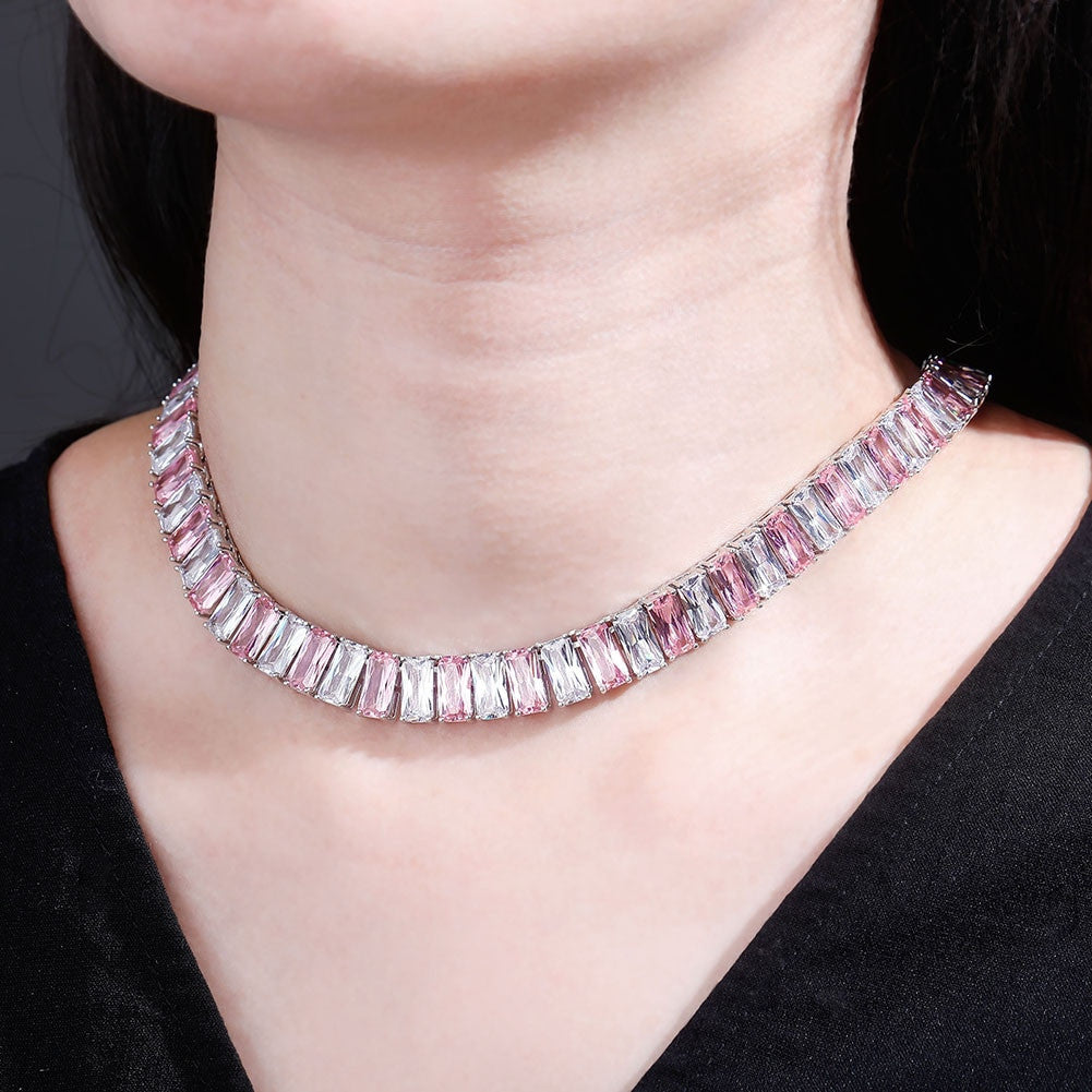 Pink Ice 10mm 14k Gold 925 Silver Baguette Chain Necklace