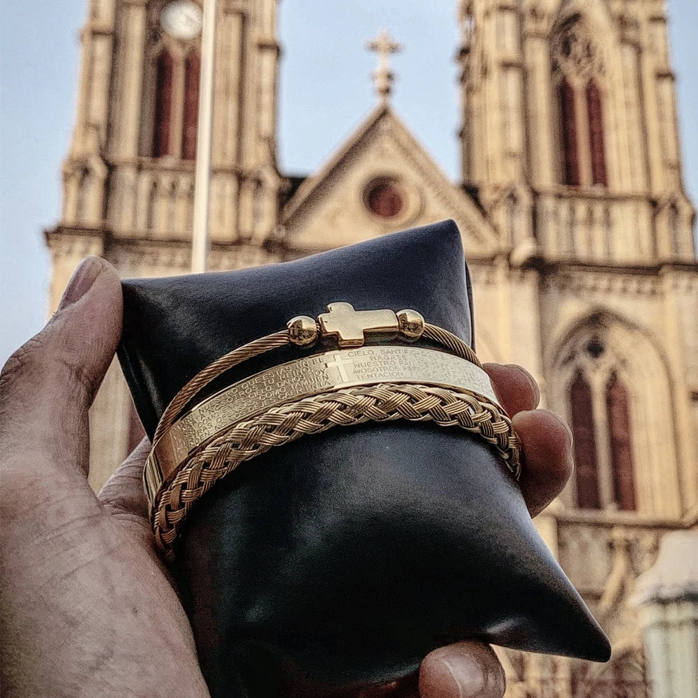 Spanish Scripture Set | 316L No Fade Stainless Steel Luxury 3 Piece Men&#39;s Bracelet Set