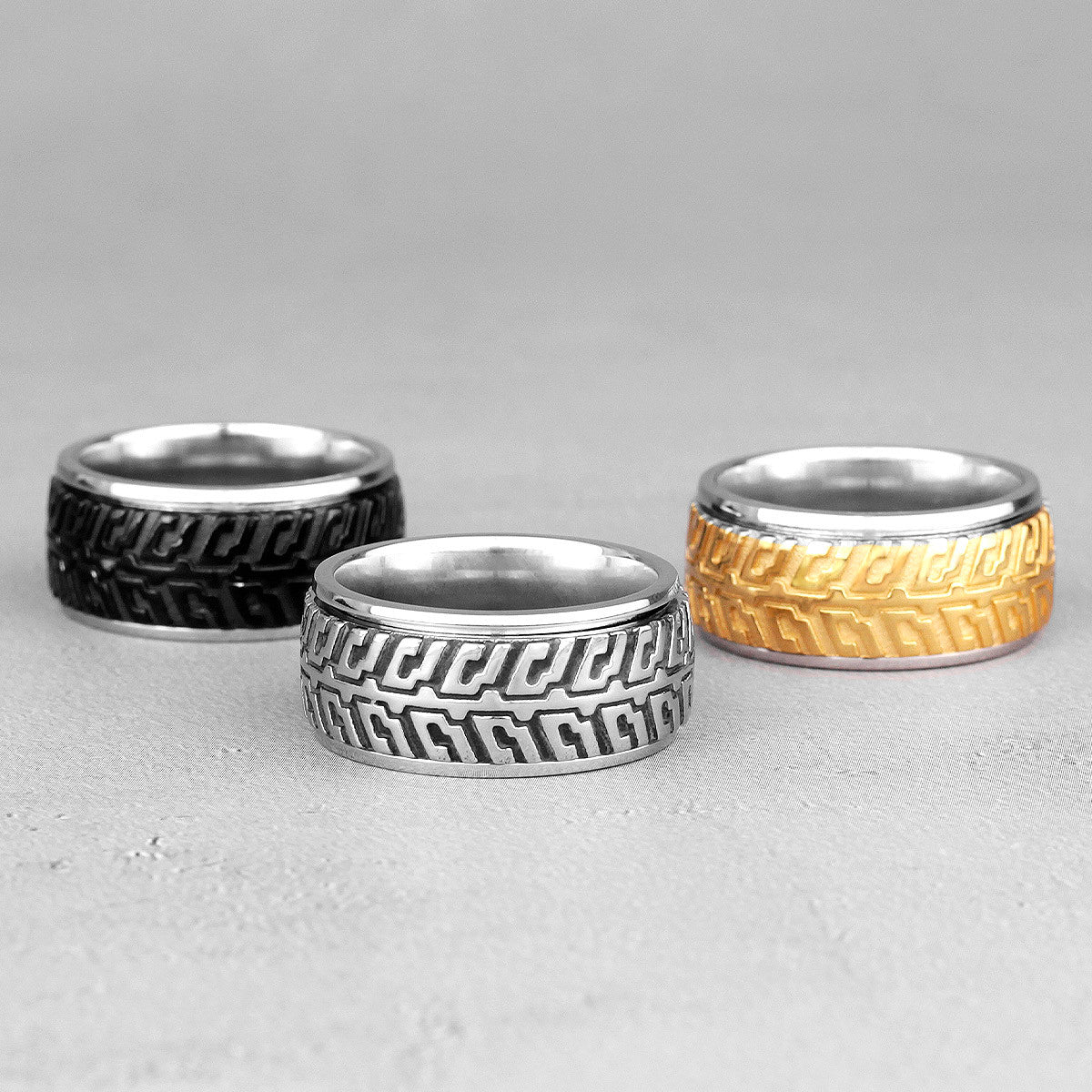 Mens Rotatable Car Tire Tread Black Gold Silver No Fade Stainless Steel Street Wear Rings