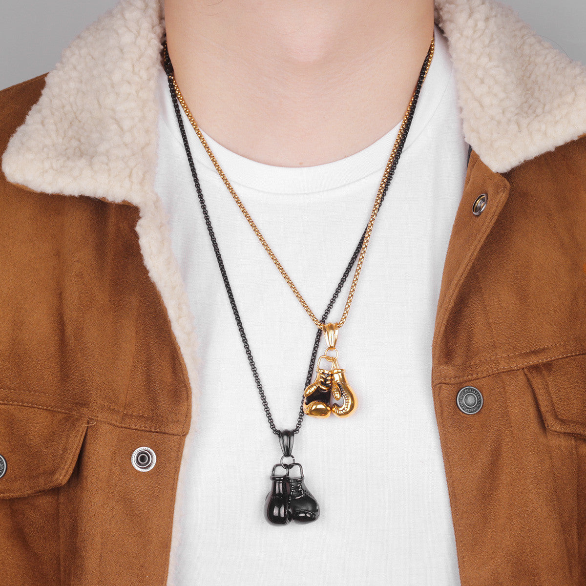Mens Street Wear No Fade 316L Black Silver 14k Gold Boxing Gloves Pendant Chains