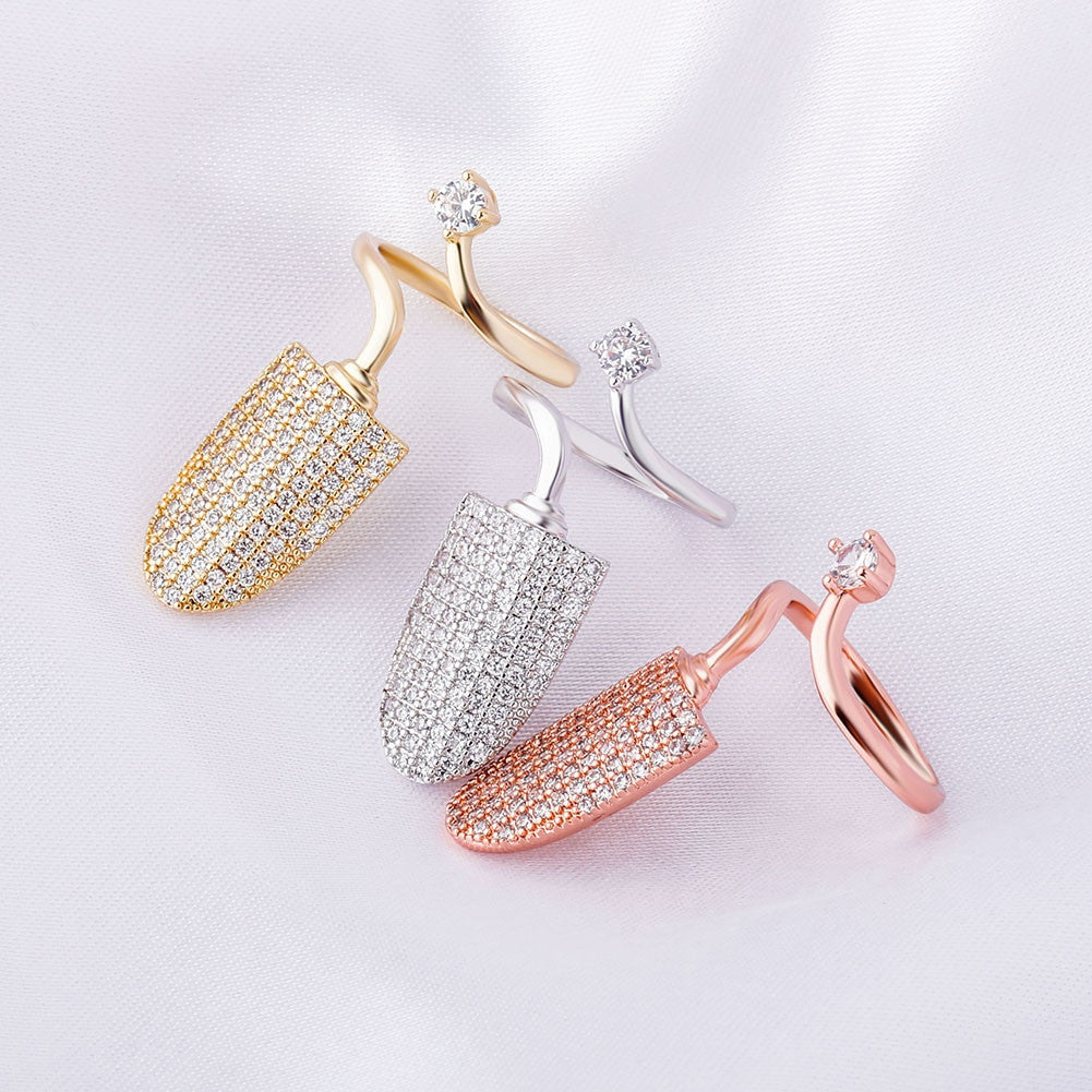 14k Gold .925 Silver Rose Gold Hip Hop Fashion Finger Nail Flooded Ice Adjustable Ring