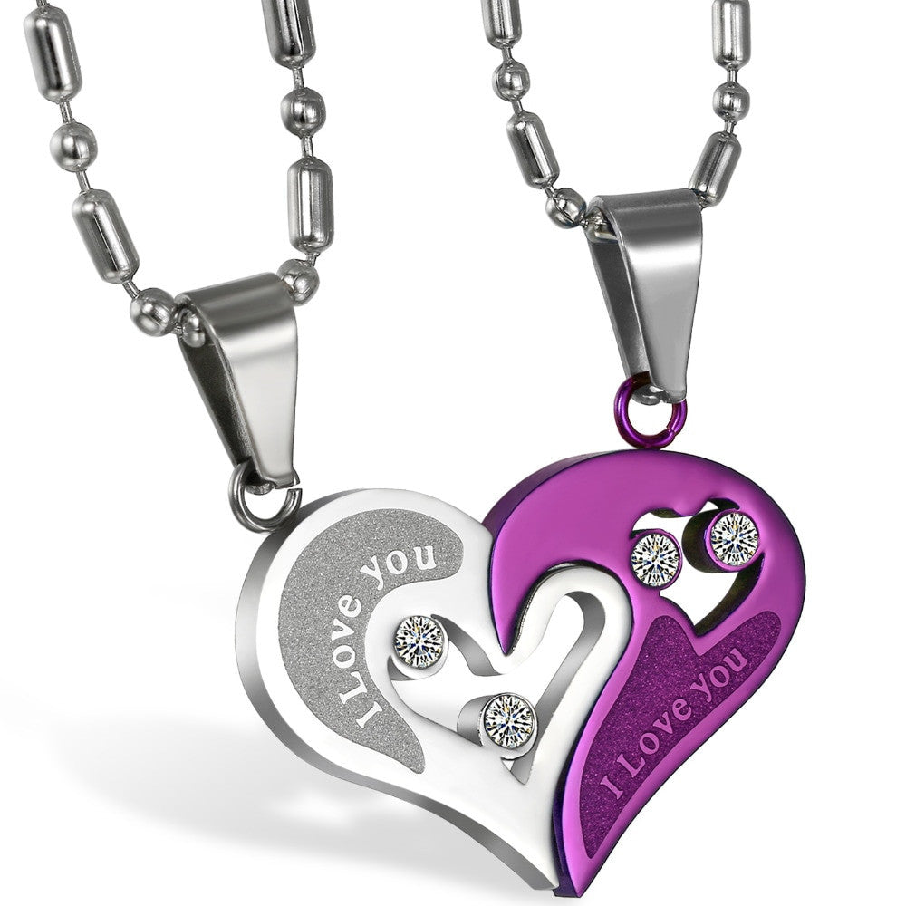 2 Piece Matching Couples Lovers No Tarnish Stainless Steel I Love You Heart Chain Necklace