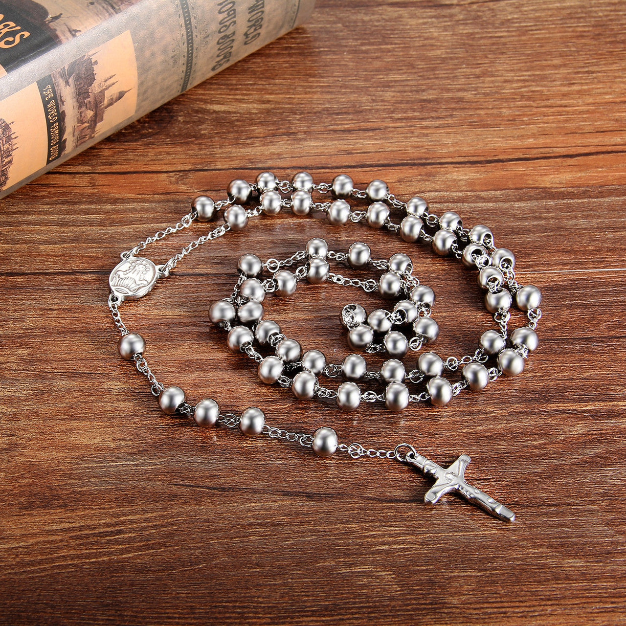 Vintage Look Classic Style Stainless Steel No Fade Rosary Beads Jesus Christ Crucifix Cross Pendant