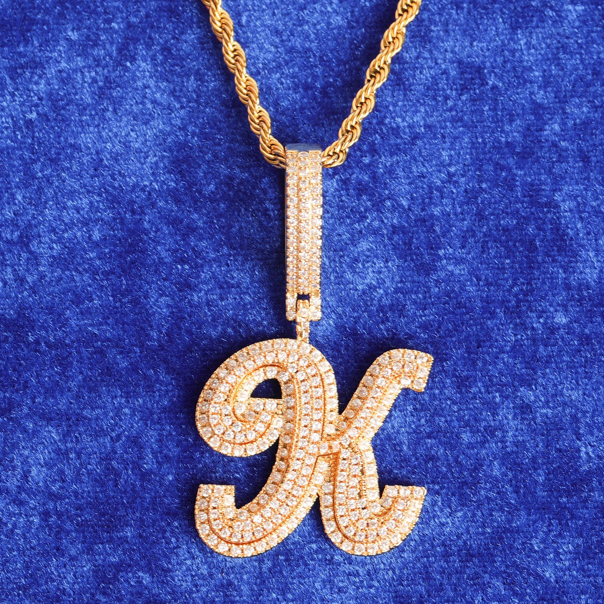 24k Yellow Gold 925 Silver 3A True Micro Pave Print Initial Letters Bling Pendants