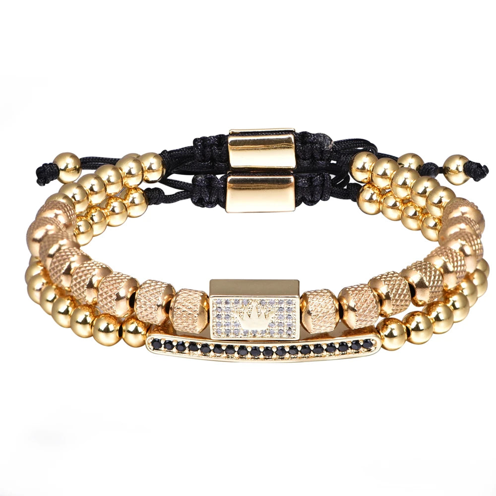 Two Piece | VVS Diamond CZ Stainless Steel 18k Gold Kings 2 Piece Bracelet Set