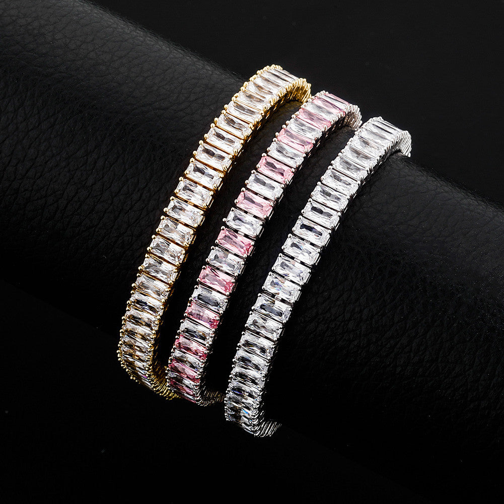 New Ice 8mm Gold Silver Pink Stone Gold Baguette Iced Link Tennis Bracelet